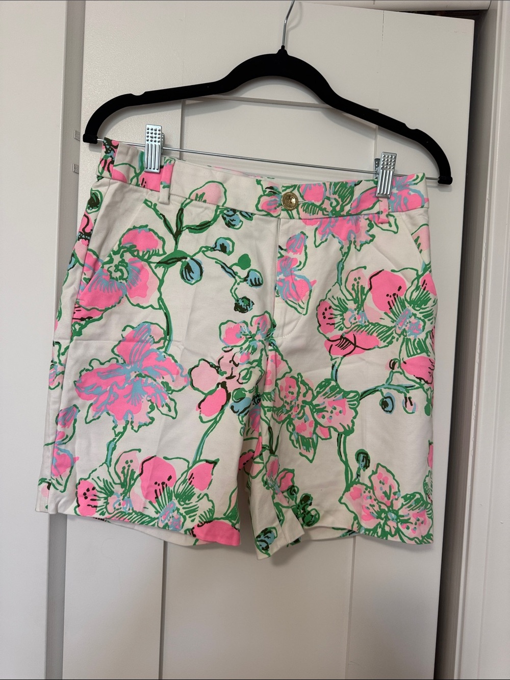 Lilly Pulitzer Cream Floral Bermuda Shorts with Pink and Green Print